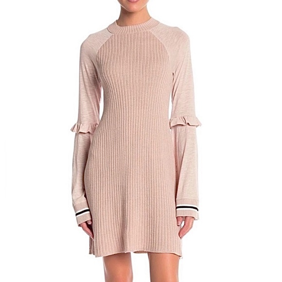 Free People Dresses & Skirts - Free People Zou Bisou Ruffle Bell Sleeve Knit Sweater Dress in neutral blush M‎